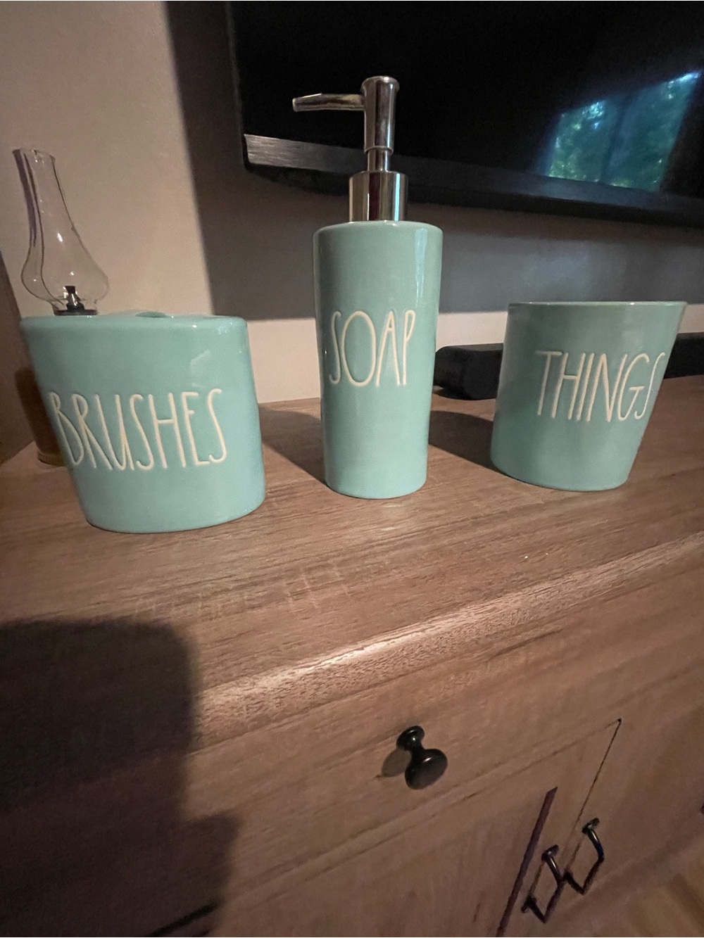 Rae Dunn Aqua Ceramic Bath Accessory Set - Soap, Brushes, Things